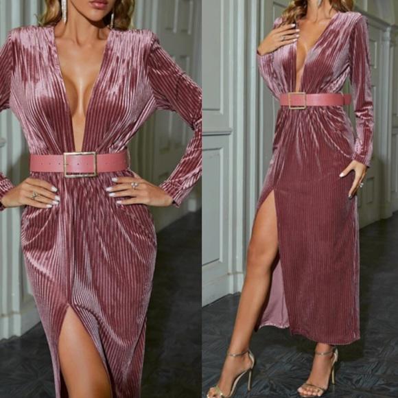 Luxe plunging V neckline slit thigh party evening formal dress - Picture 4 of 12